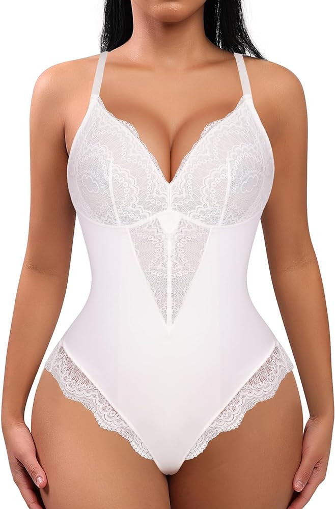 FeelinGirl Bodysuits for Women Lace Shapewear Body Suit Faja Body Shaper Lingerie for Women V Nec... | Amazon (US)
