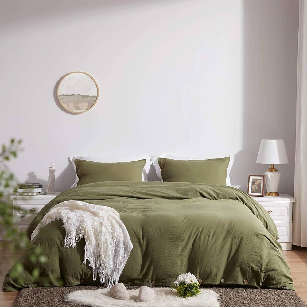 SunStyle Home King Size Duvet Cover Set with Buttons Closure Olive Green, 3 Pieces Solid Color Ul... | Amazon (US)
