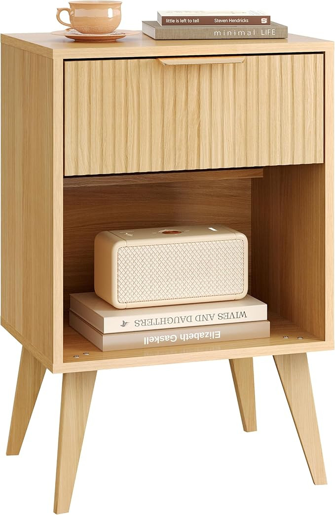 Fluted Night Stand with Opening Storage,Mid Century Bedside Table with Drawer,Wood Nightstand wit... | Amazon (US)
