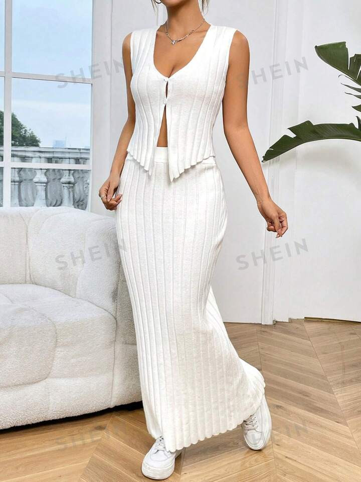 SHEIN EZwear Women's Ribbed Tank Top And Skirt Set | SHEIN