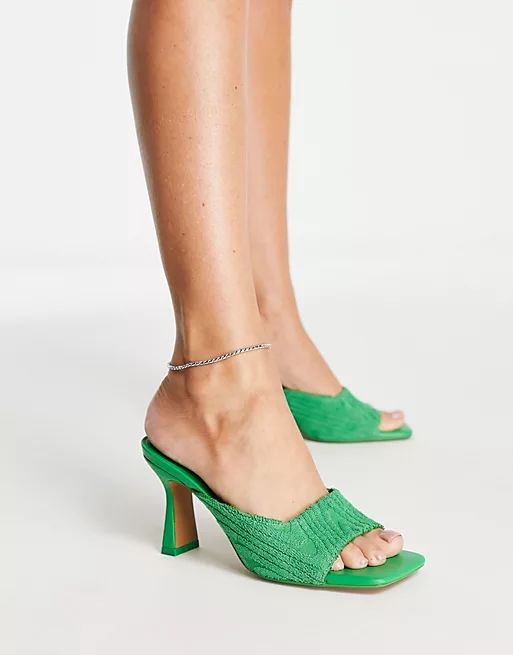 Bershka textured detail square toe heeled sandal in bright green | ASOS (Global)