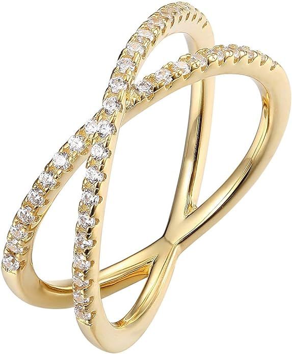 PAVOI 14K Gold Plated X Ring Simulated Diamond CZ Criss Cross Ring for Women | Amazon (US)
