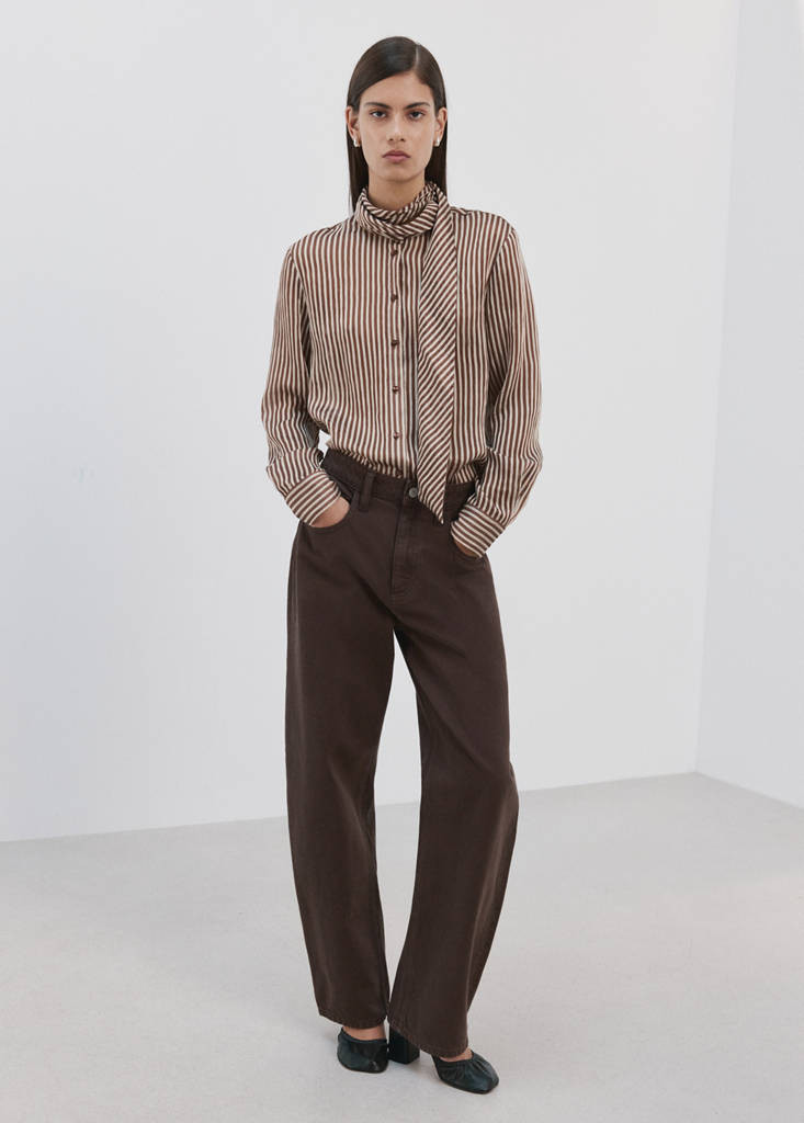 Striped blouse with tie neck collar brown - Woman - 2 - MANGO | Mango (US/MX/AU)