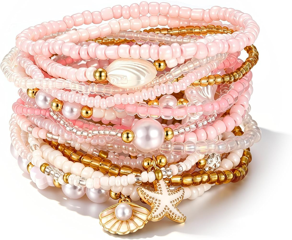 FAXHION Boho Gold Beaded Bracelets for Women, Starfish & Shell Pendant Bracelet Stack, Gold Brace... | Amazon (US)