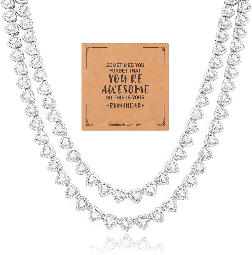 fasone Rhinestone Hearts Necklace, Iced Out Hearts Jewelry，Silver Tennis Necklace For Women，T... | Amazon (US)