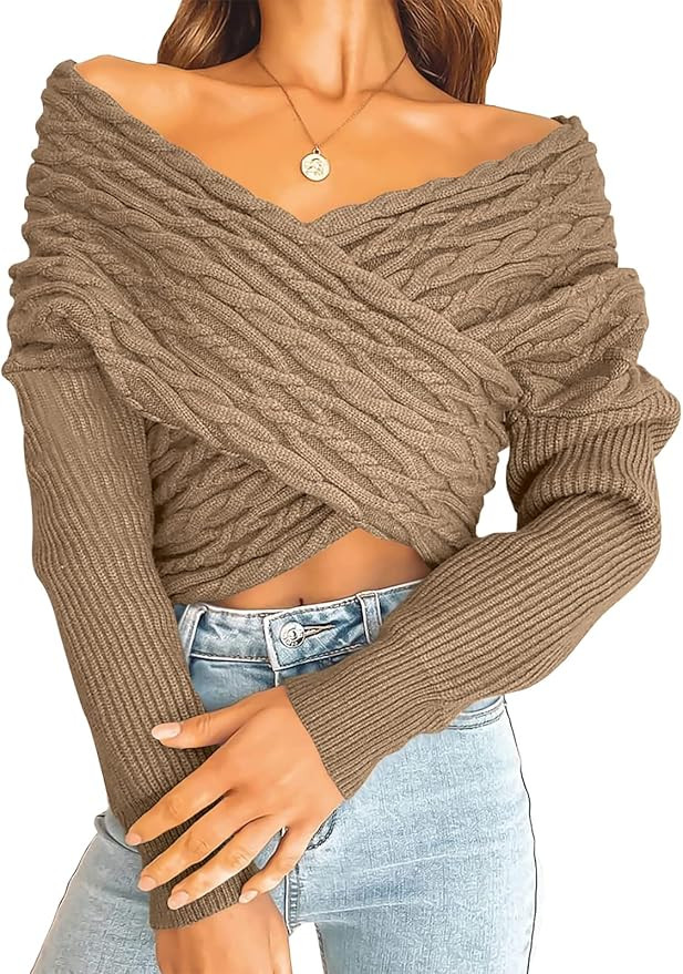 Women Casual V Neck Long Sleeve Sweaters Cross Wrap Front Off Shoulder Asymmetric Hem Knitted Cro... | Amazon (US)