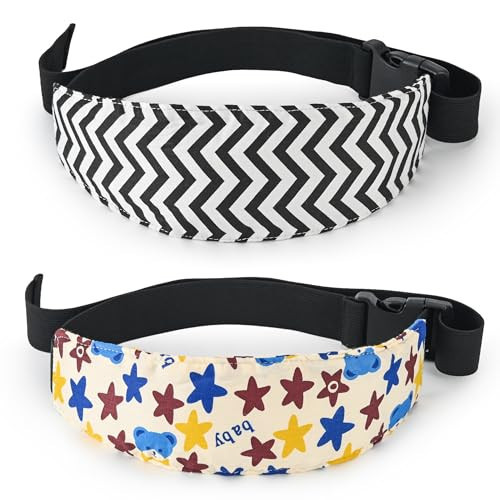 Luckyiren 2-Pack Baby Car Seat Head Support Strap Set, Minimalist Beige Stars and Stripes Pattern, Cotton, Machine Washable, 8.4x4x1.1 Inches | Amazon (US)