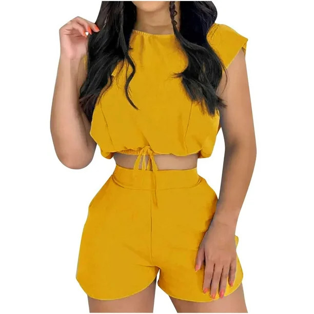 Fashion Outfits Womens Summer 2 Piece Outfits Short Sets Sleeveless Crewneck Crop Tops Two Piece ... | Walmart (US)