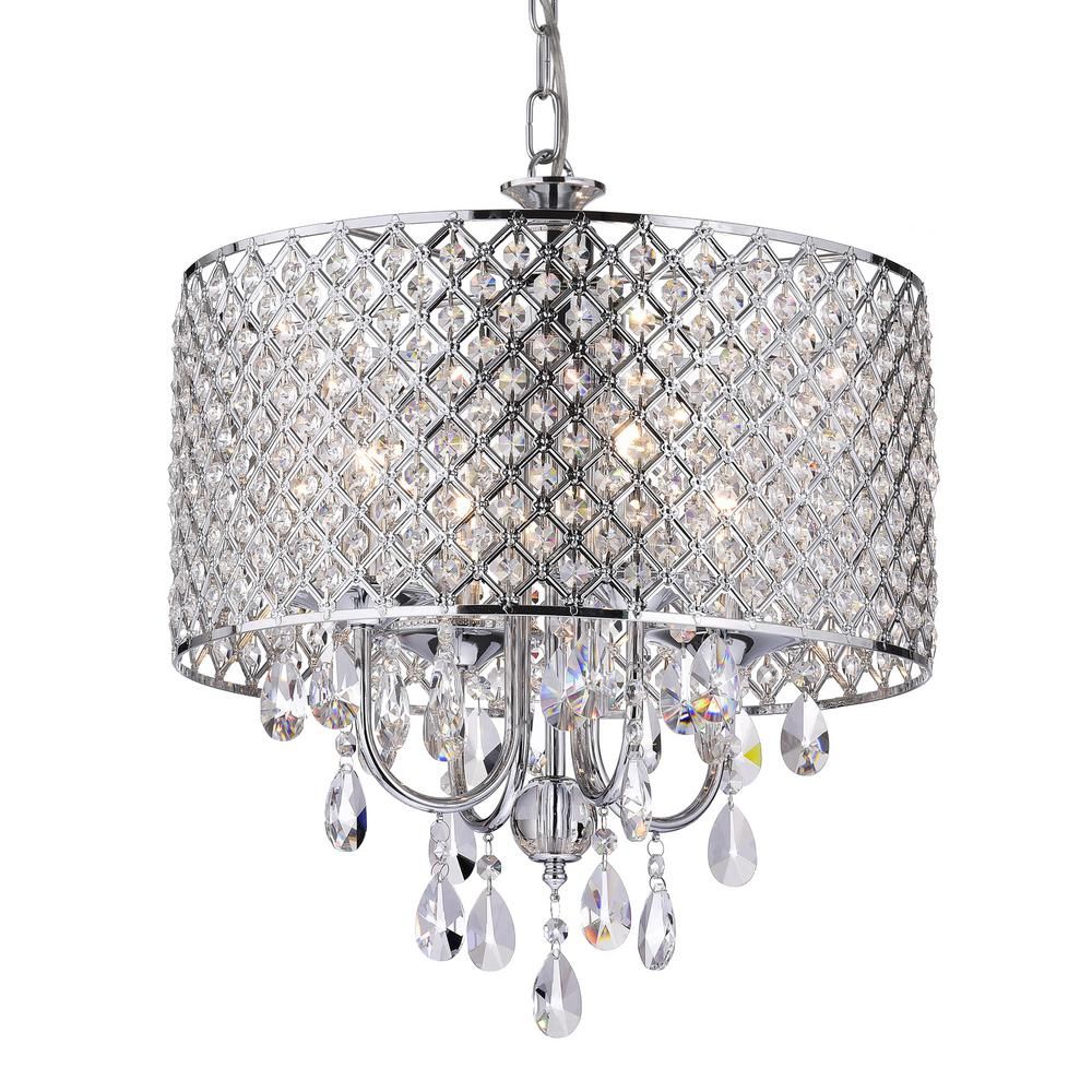 Edvivi Marya 4-Light Chrome Round Chandelier with Beaded Drum/Hanging Clear Crystal Glass Teardro... | The Home Depot