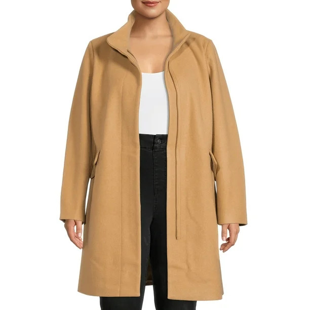Time and Tru Women’s and Plus Faux Wool Funnel Neck Coat - Walmart.com | Walmart (US)