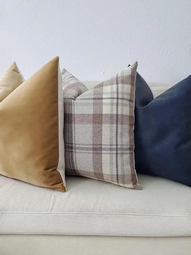 Brown and Navy Blue Plaid Woven Pillow Cover || Gray, Designer Pillows - Etsy | Etsy (US)