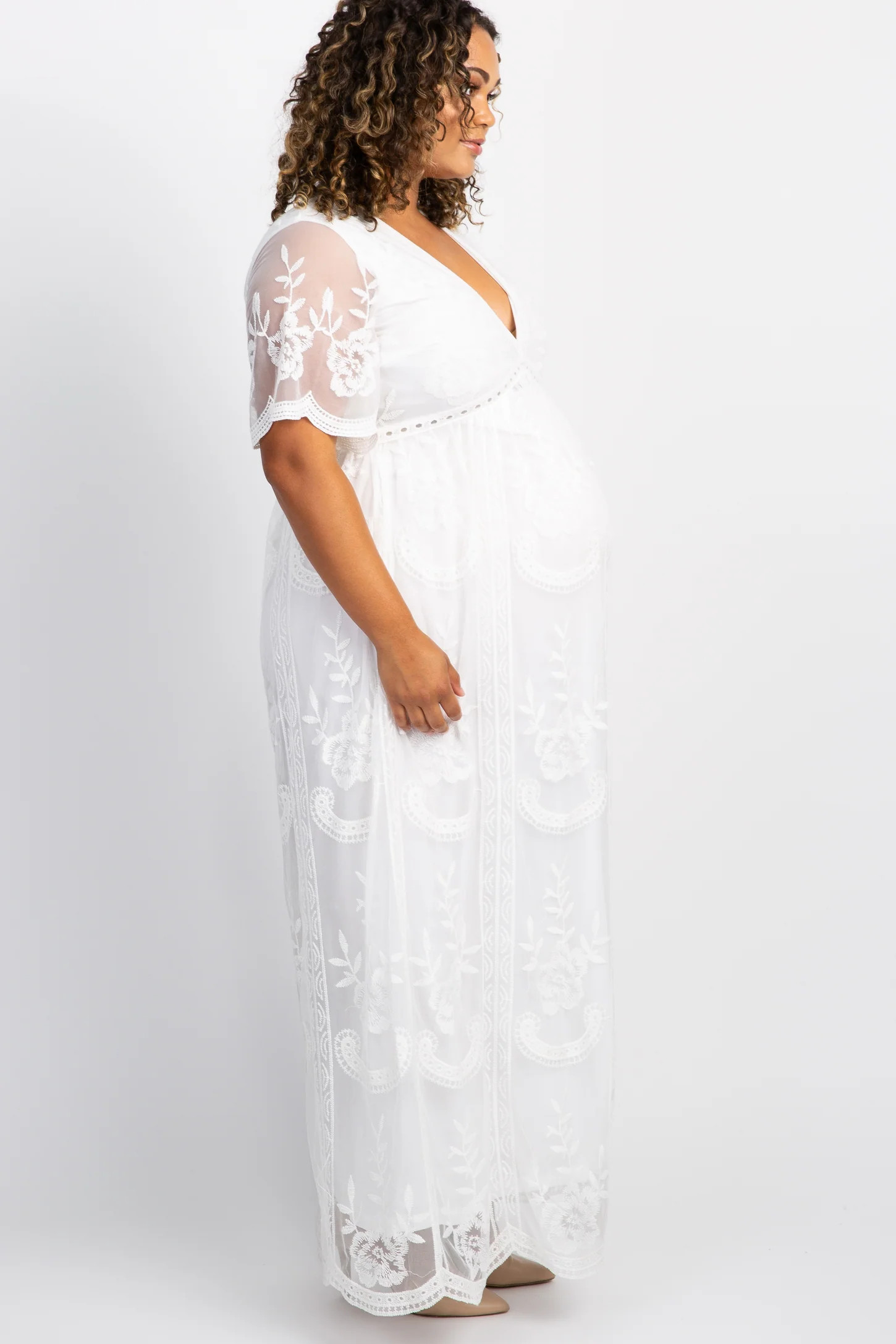 PinkBlush White Lace Mesh Overlay Plus Maternity Maxi Dress | PinkBlush Maternity