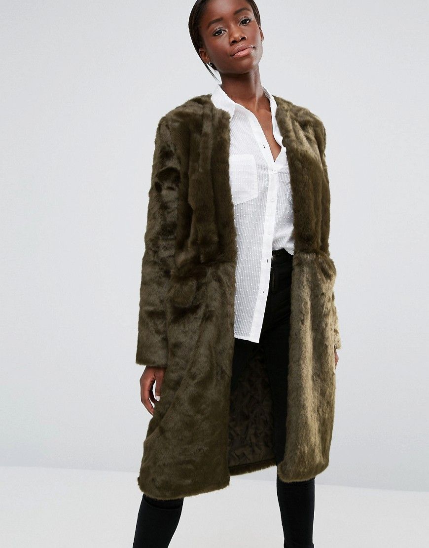 Parka London Evie Luxurious Faux Fur Collarless Coat - Olive | ASOS UK