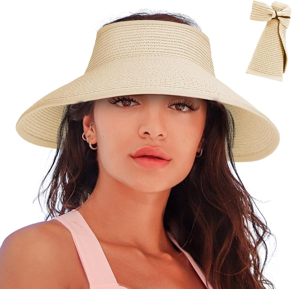 Women's Sun Visor Hats Wide Brim Straw Beach Hat Ponytail Hats for Women Foldable Floppy | Amazon (US)