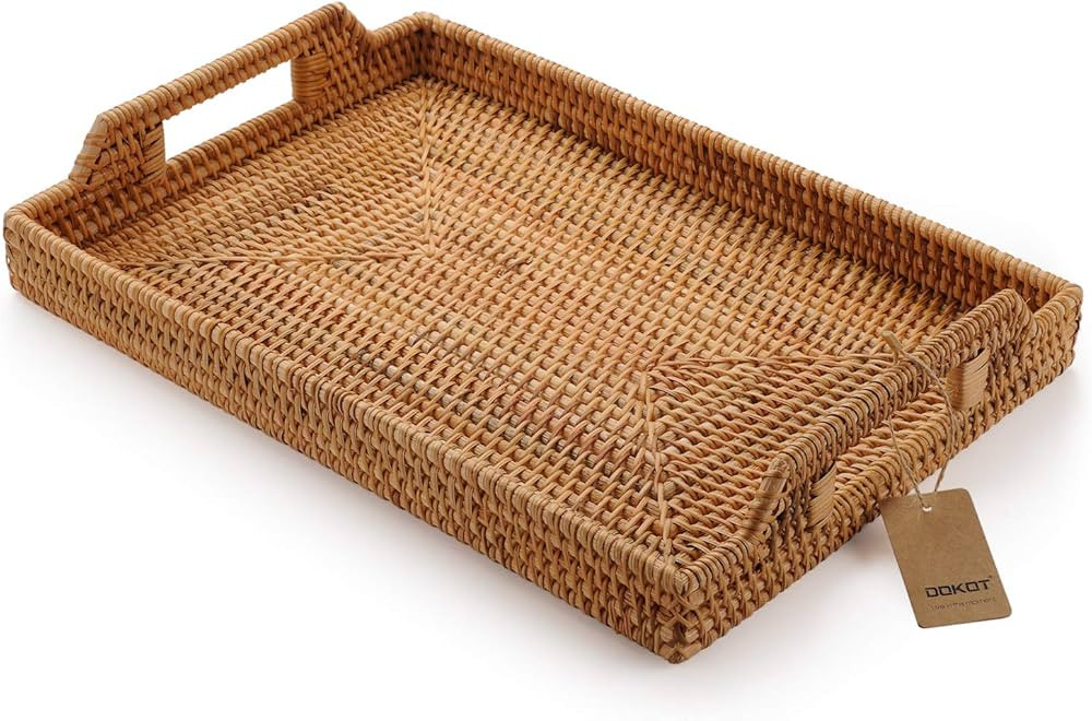 Hand-Woven Rattan Rectangular Serving Tray with Handles for Breakfast, Drinks, Snack for Coffee T... | Amazon (US)