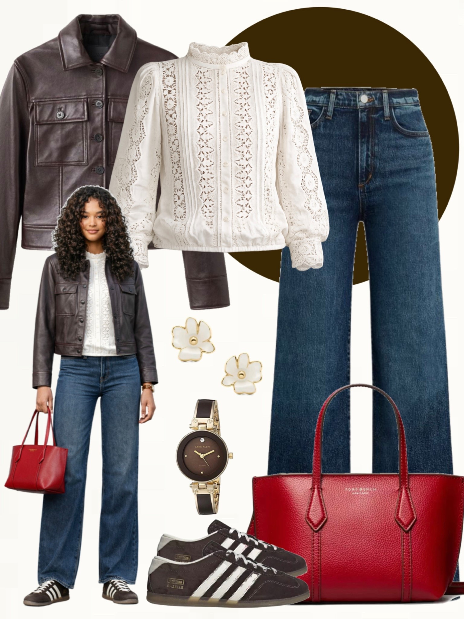 Medium wash straight-leg jeans styled with a white lace blouse and a dark brown leather jacket. Finished with brown Adidas sneakers with white stripes, a structured red tote bag, and gold jewelry.
#casualchic #everydayoutfit #springstyle

#LTKOver40 #LTKootd #LTKSeasonal