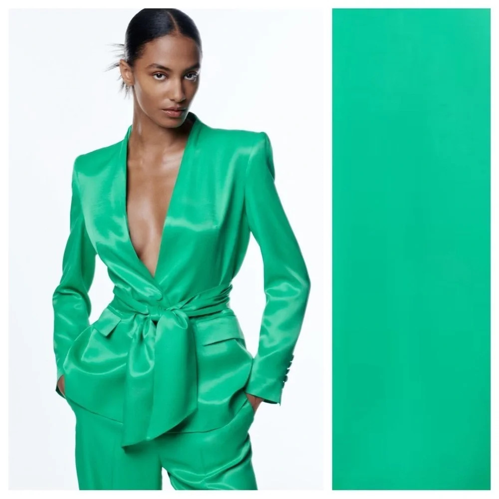 Zara Green Satin Effect Lapelless Blazer with Tied Detail. Size XS. | Poshmark