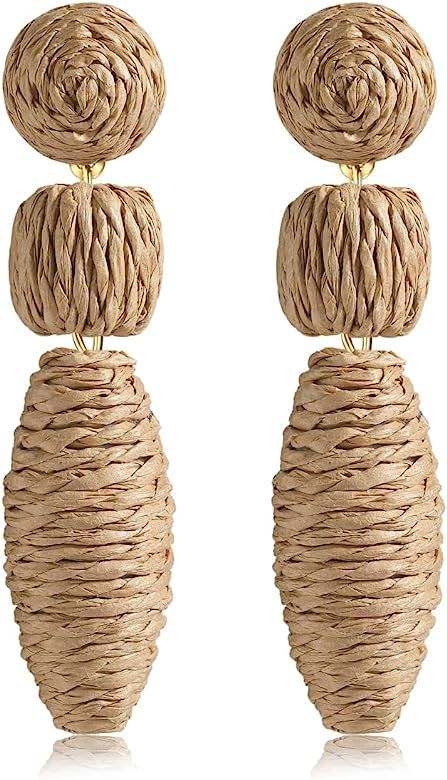 Boho Raffia Earrings for Women Girls - Statement Round Raffia Rattan Drop Earrings - Trendy Summe... | Amazon (US)