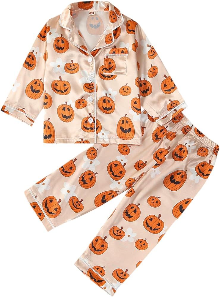 Toddler Baby Girl Halloween Pajamas Pumpkin Satin Button-Up Long Sleeve Shirt Tops Pants Kids Hal... | Amazon (US)