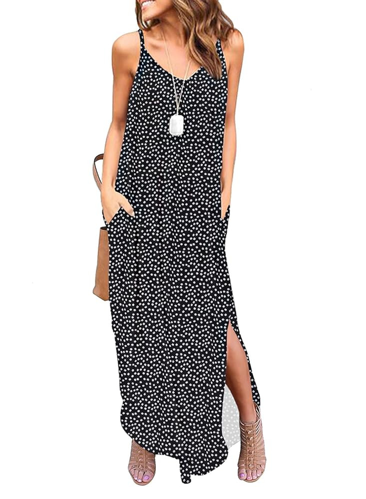 HUSKARY Women's Summer Casual Sleeveless V Neck Strappy Split Loose Dress Beach Cover Up Long Cam... | Amazon (US)