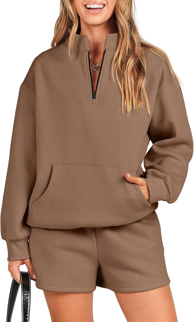 ANRABESS Women 2 Piece Outfits Sweatsuit Oversized Half Zip Collared Sweatshirt & Short Set Lounge W | Amazon (US)