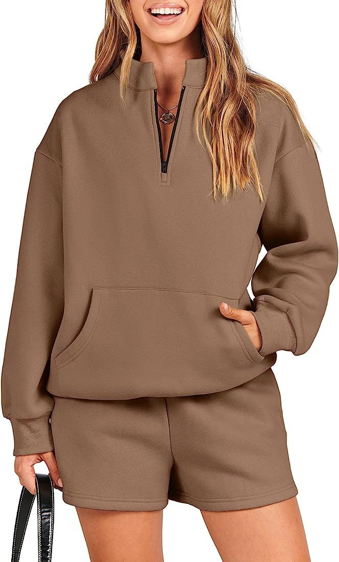 ANRABESS Women 2 Piece Outfits Sweatsuit Oversized Half Zip Collared Sweatshirt & Short Set Loung... | Amazon (US)