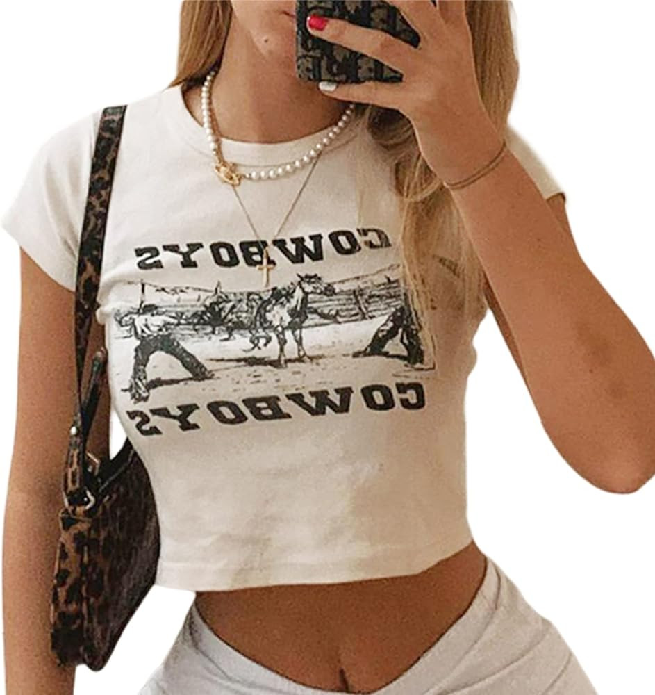 Womens Y2k Graphic Print Crop Tops Cute Kawaii Crew Neck Short Sleeve T-Shirts E-Girls Teen Summe... | Amazon (US)