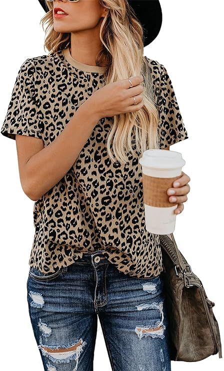 Blooming Jelly Womens Leopard Print Tops Short Sleeve Round Neck Casual T Shirts Tees | Amazon (US)