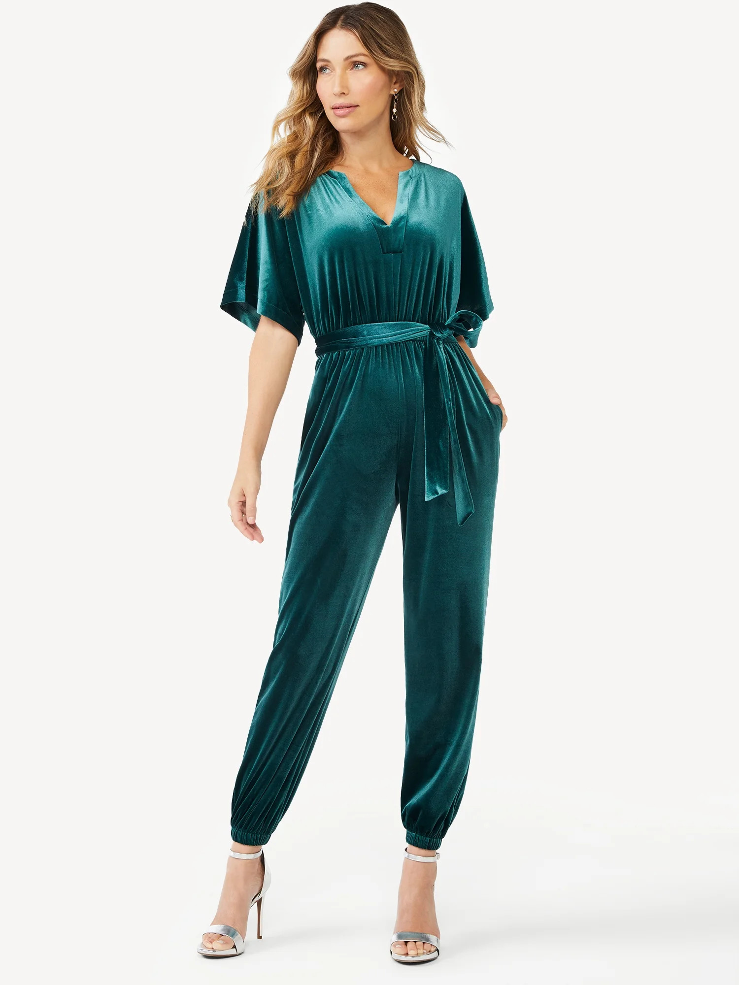 Sofia Jeans by Sofia Vergara Women's Velvet Jumpsuit with Squared Sleeves - Walmart.com | Walmart (US)