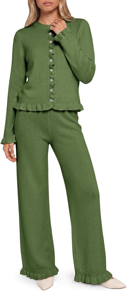Saodimallsu Womens Ruffle Sweater Lounge Set Button Knit 2 Piece Outfits | Amazon (US)