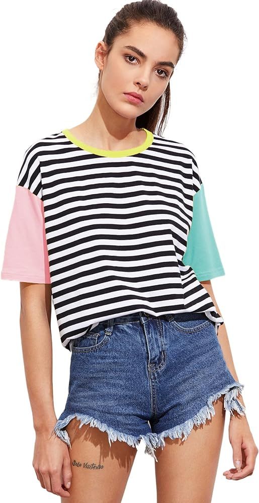 Romwe Women Crewneck Striped Short Sleeve T-Shirt Top Blouse | Amazon (US)
