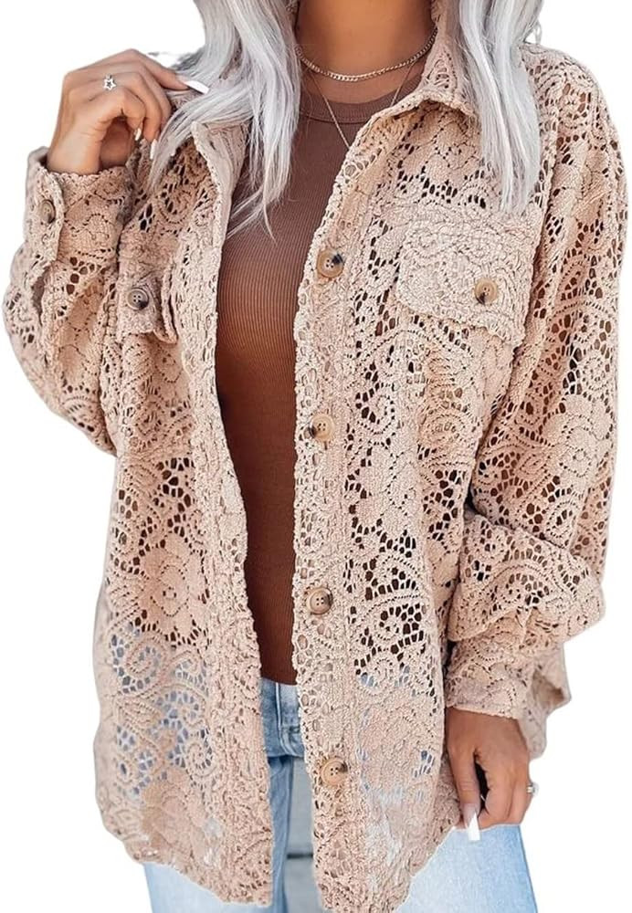 CHARTOU Women's Lightweight Lace Crochet Button Down Shirt Loose Fit Shacket Jacket | Amazon (US)