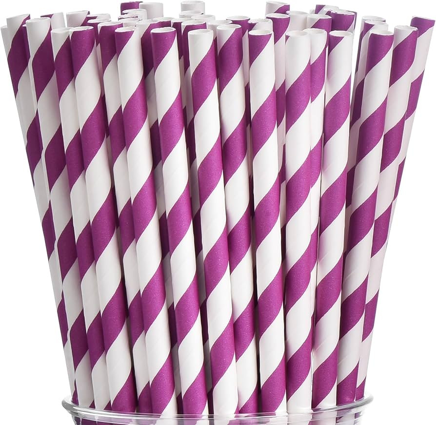 ALINK 100 Purple and White Striped Paper Straws, Biodegradable Disposable Drinking Straws for Val... | Amazon (US)