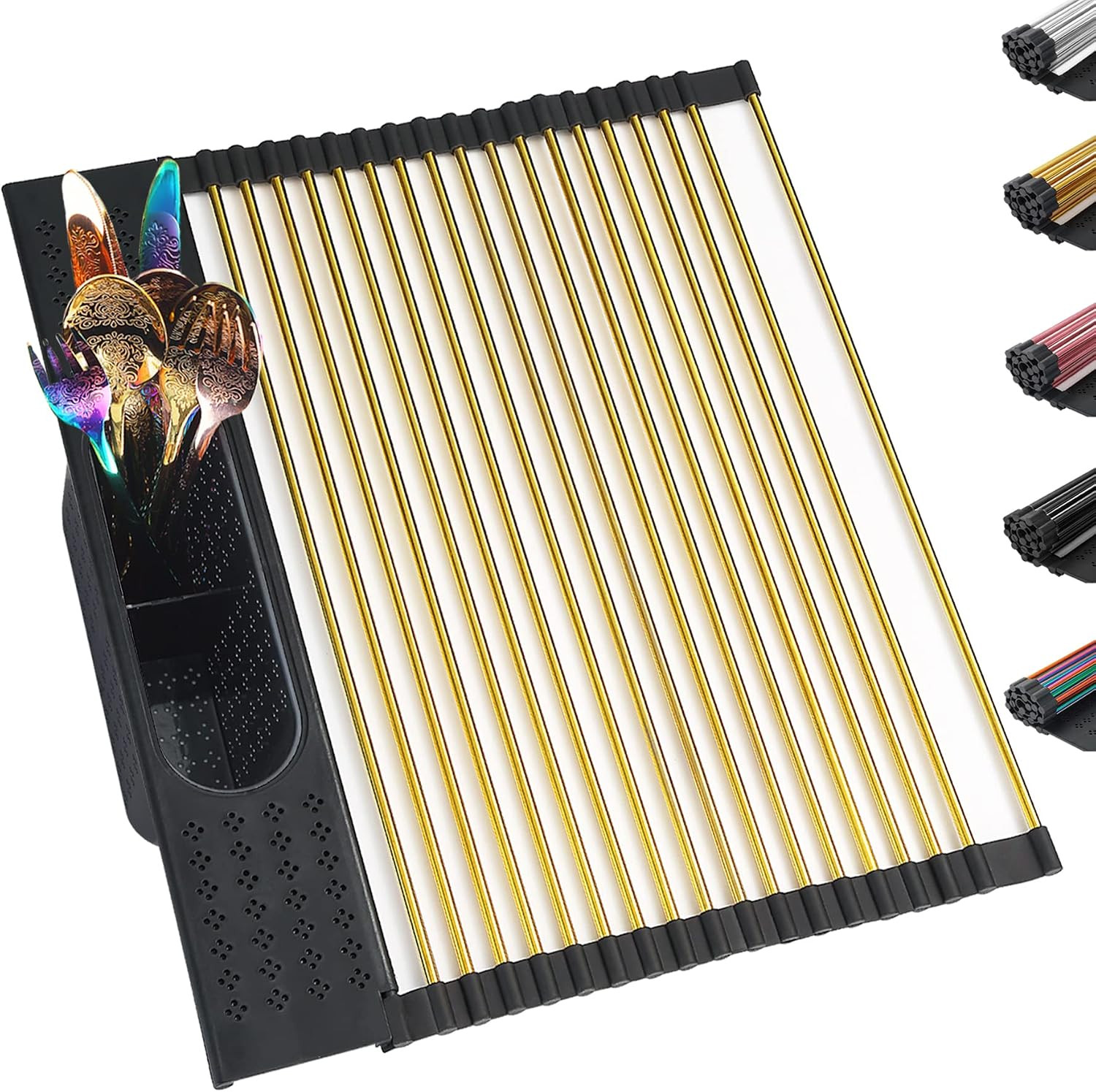 Berglander Gold Dish Drying Rack Over The Sink, L17.5*W 15" Rollable Tianium Golden Plating Stainless Steel Dish Rack with Removable Storage Basket, Perfect for Kitchen Sink | Amazon (US)