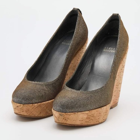 Stuart Weitzman Glitter Cork Wedge Pumps – Size 8.5 – Bronze/Gold Sparkle | Poshmark