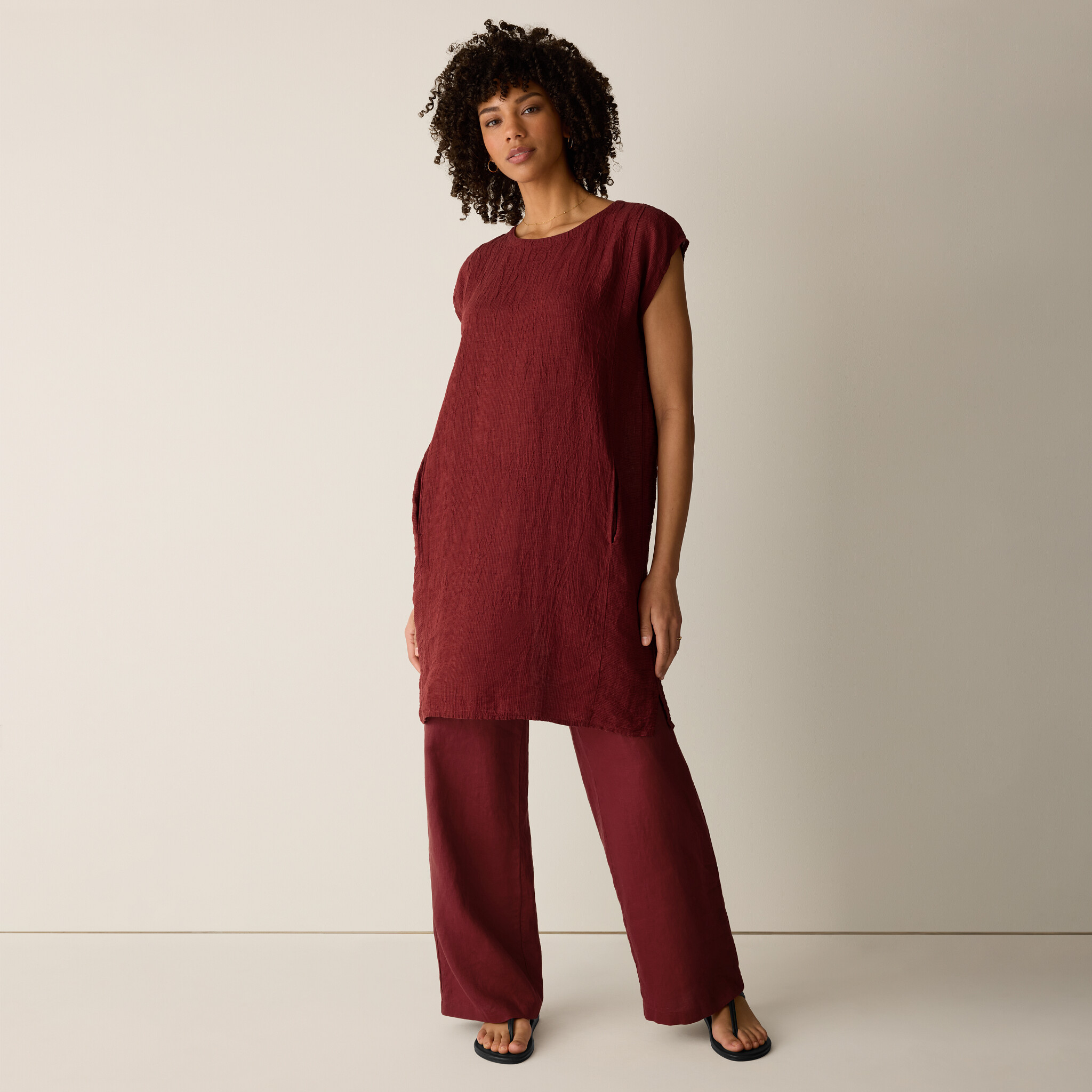 Puckered Organic Linen Stripe Jewel Neck Dress | Eileen Fisher