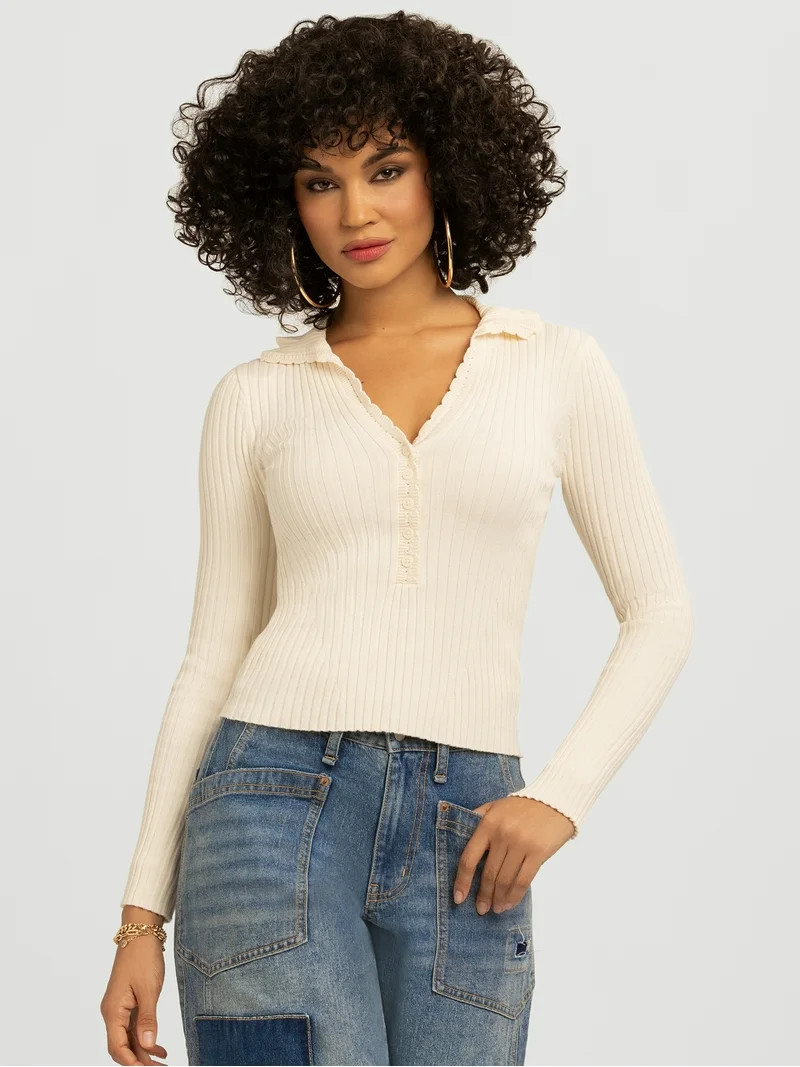 Jessica Simpson Women's and Women's Plus Luanne Polo Sweater with Long Sleeves, Lightweight, Size... | Walmart (US)