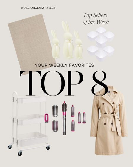 Your favorites this week on LTK! 

1. The forever favorite postpartum nursing cart
2. Storage trays to organize said cart (even if you use it as an art cart or workout cart like me!)
3. Dyson Airwrap Dupe
4. Ballard Designs Herringbone Rug dupe (psst it’s by Erin gates so you know it’s good!)
5. Quince wool skirt in grey (a great transitional piece and 3 season item!)
6. Bunny’s for spring. Super cute and affordable from Walmart
7. Jcrew Classic Trench coat 

