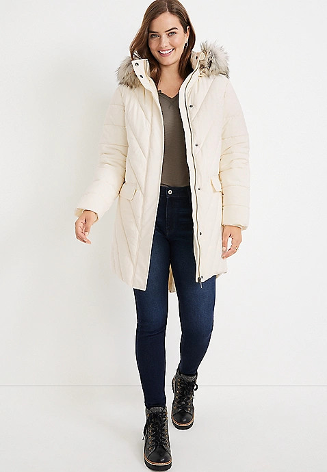 White Faux Fur Hood Puffer Coat | Maurices