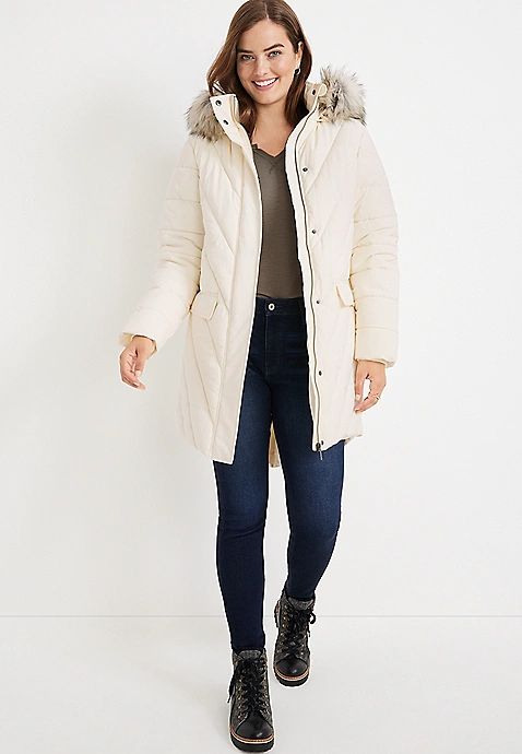 White Faux Fur Hood Puffer Coat | Maurices
