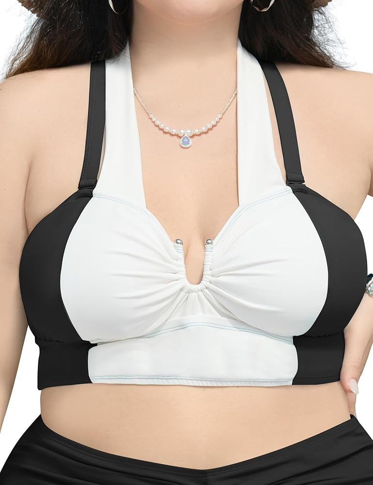 Women Plus Size Bikini Top Halter Push Up Swim Top Only Adjustable Straps Bathing Suit Tops Swimw... | Amazon (US)