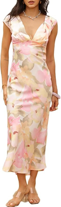 Halfisland Womens Summer Satin V Neck Cap Sleeve Backless Maxi Dress Elegant Twist Cut Out Midi D... | Amazon (US)