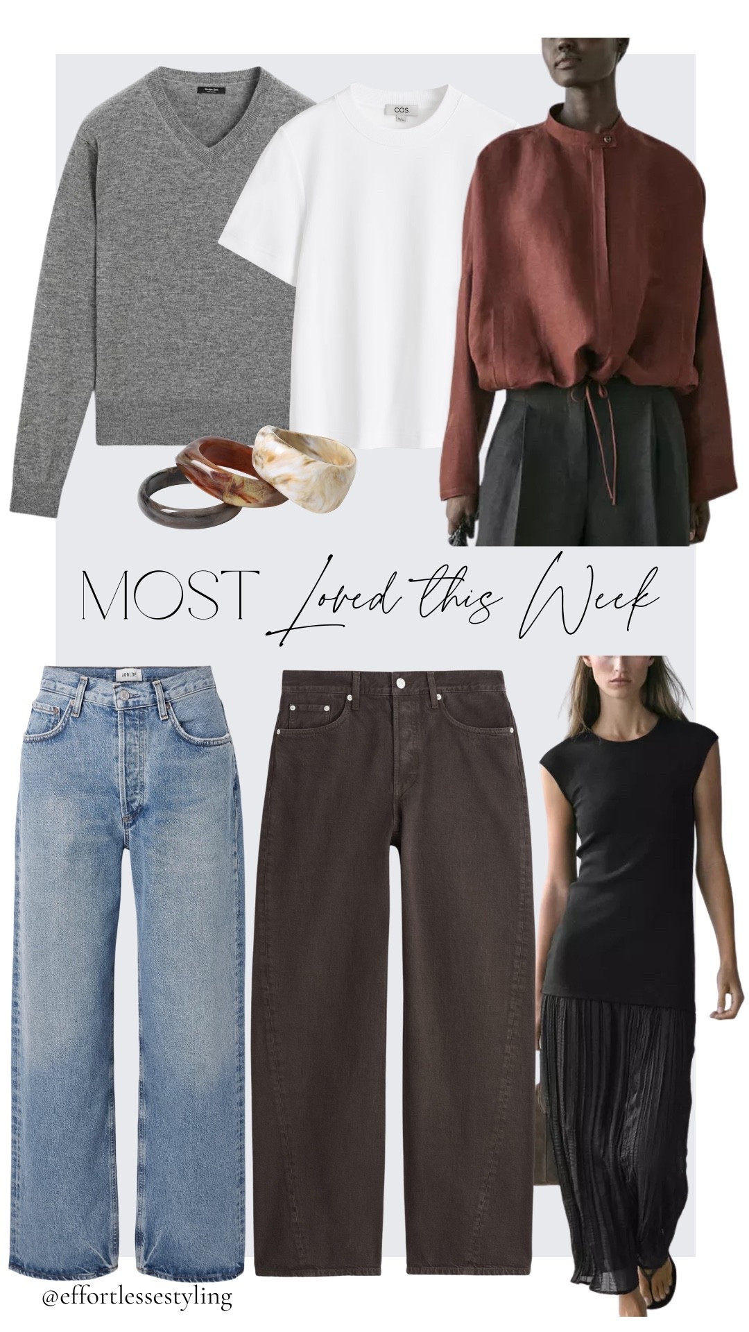 Most Loved this week 15/3/26

Blue straight leg jeans, brown relaxed straight leg jeans, white clean cut T-shirt, rust brown linen blend bomber jacket, grey wool blend v neck jumper, marble effect resin bangle set, black long contrast pleated dress.

#LTKuk #LTKspring #LTKjeans