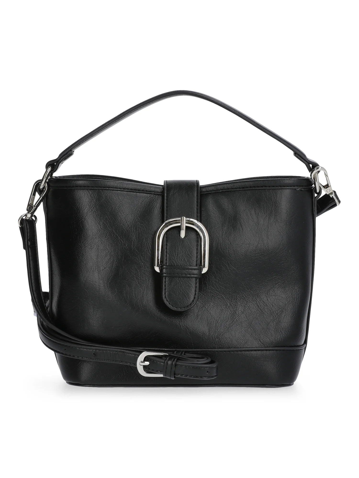 No Boundaries Women's Faux Leather Moto Bucket Bag, Black | Walmart (US)