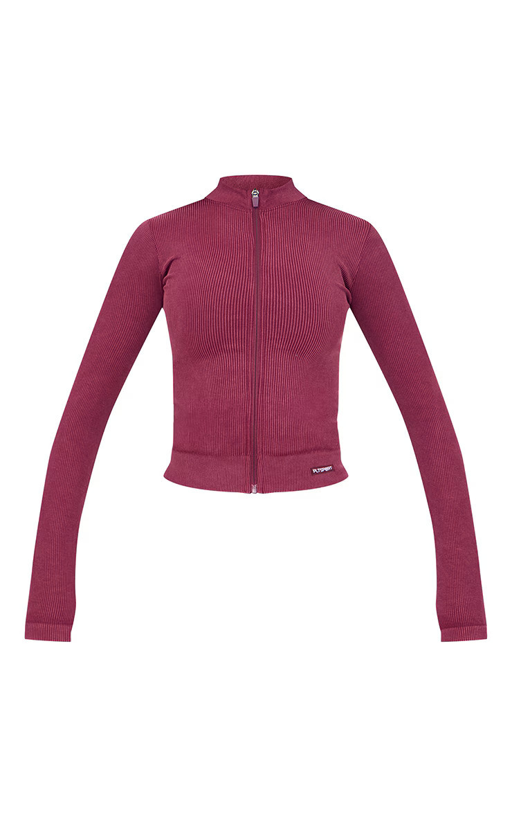 Deep Burgundy Acid Wash Seamless Ribbed Zip Up Cropped Sports Jacket | PrettyLittleThing US