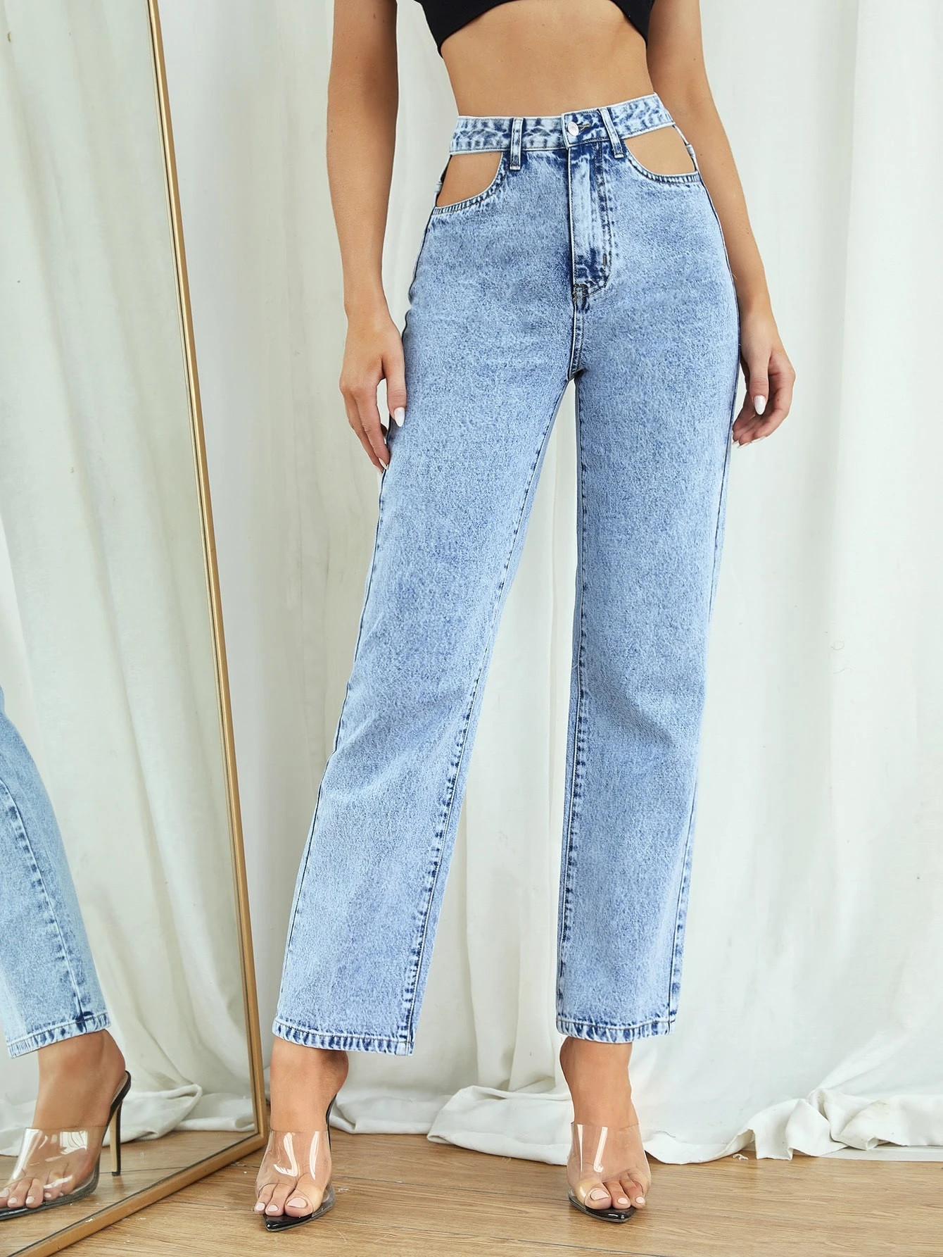 High Waist Cut-out Straight Leg Jeans | ROMWE