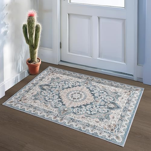 Foxmas Small Rugs for Entryway 2x3 Feet, Non-Slip Doormat Indoor Entrance Vintage Washable Area Rug, Low Pile Throw Rugs for Entryway Bedroom Kitchen Living Room, Blue | Amazon (US)