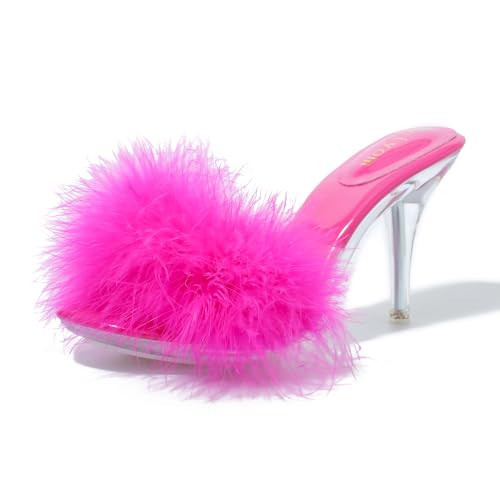 Women's Fuzzy Slippers Clear Heels Pointed Toe Stilettos Heels Mules Sandals Fluffy Feather Slip On High Heeled Party Prom Dresses Shoes Hot Pink 40 US8 | Amazon (US)