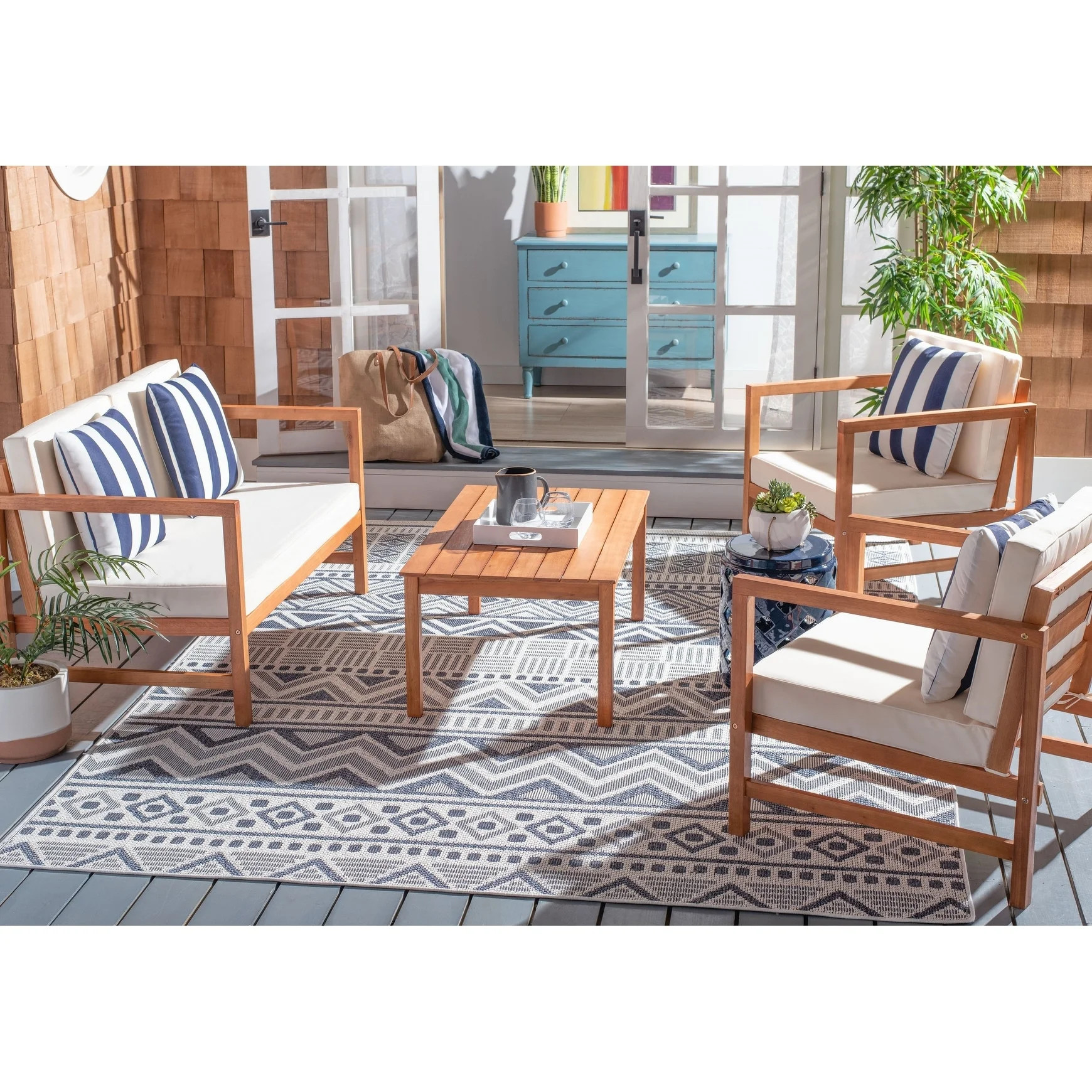 Safavieh Montez Outdoor 4 Piece Conversational Set - Natural/Beige/Navy - Walmart.com | Walmart (US)