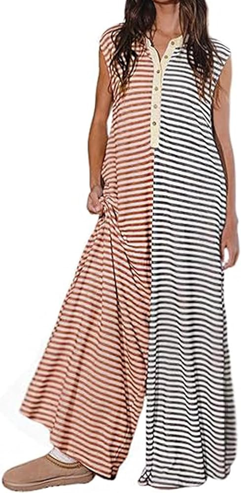 CHARTOU Loose Striped Wide Leg Jumpsuit for Women Summer Romper Flowy Pants Comfy Sleeveless Butt... | Amazon (US)